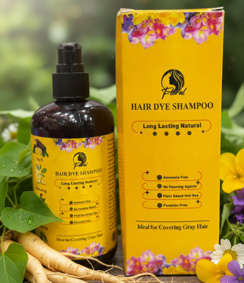 Floral Natural Hair Dye Shampoo 200ml – Ammonia-Free Herbal Hair Colour Shampoo with Ginseng, Fo-Ti & Olive Oil | Long-Lasting Gray Hair Coverage