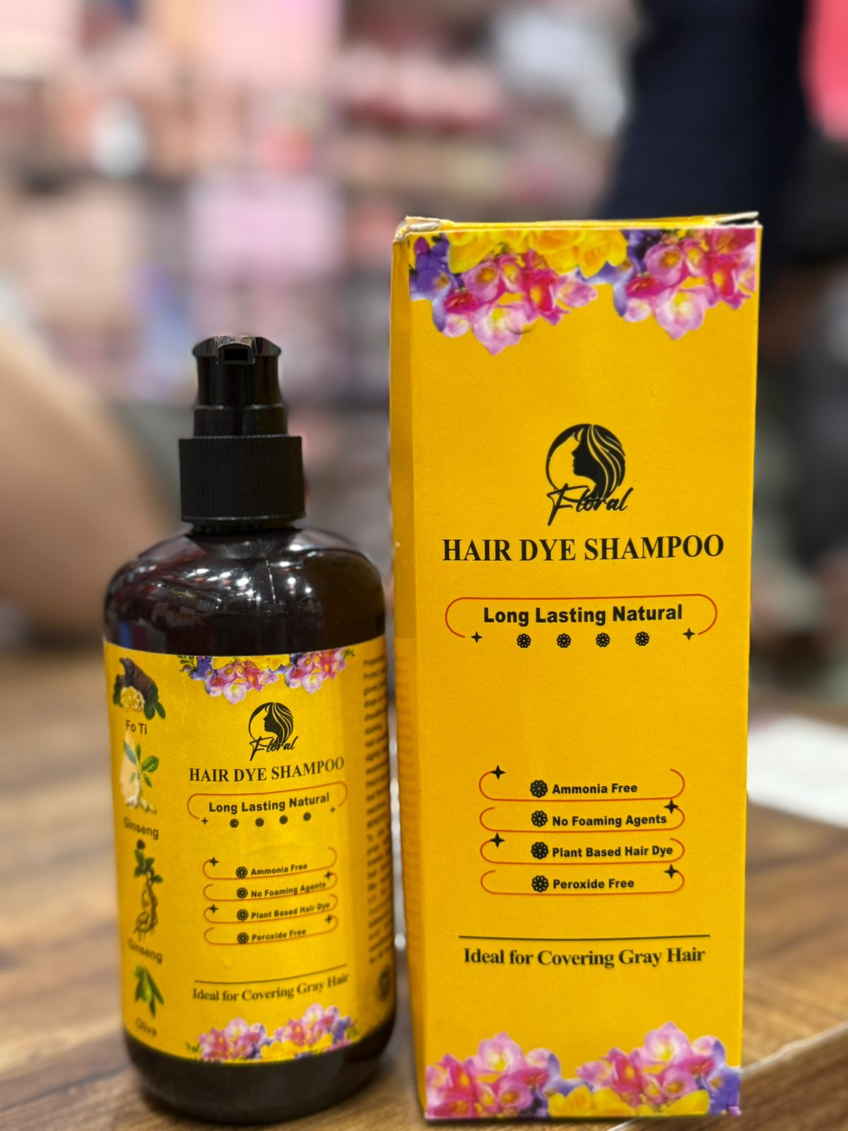 Floral Natural Hair Dye Shampoo 200ml – Ammonia-Free Herbal Hair Colour Shampoo with Ginseng, Fo-Ti & Olive Oil | Long-Lasting Gray Hair Coverage