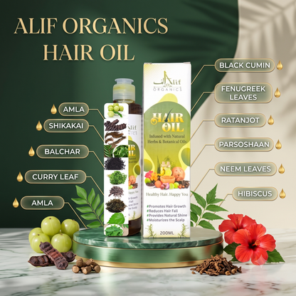 Alif Organics Natural Hair Oil 200ML | Herbal & Botanical Hair Oil with Amla, Reetha & Shikakai | Helps Reduce Hair Fall, Nourishes Scalp & Supports Healthy Hair Growth | For Men & Women